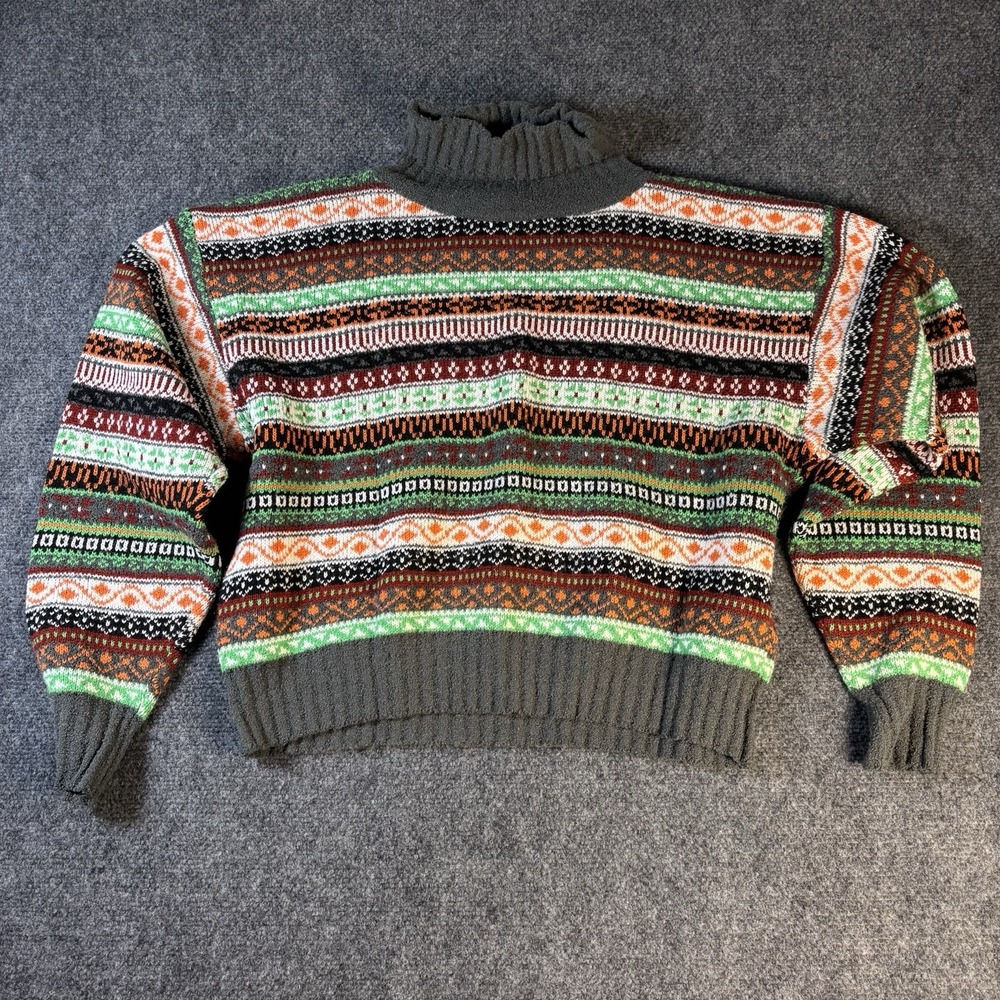 Vintage Fair Isle Turtleneck Sweater Womens L Multi-Color Geometric Retro Knit
